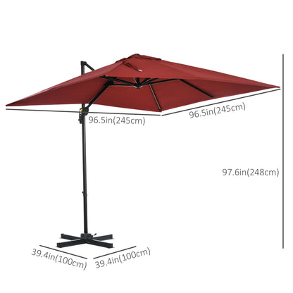 8' x 8' Square Patio Hanging Offset Umbrella with 360° Rotation, Aluminum Outdoor Cantilever Parasol with Crank & Tilt, Sun Canopy Shelter with Cross Base, Wine Red