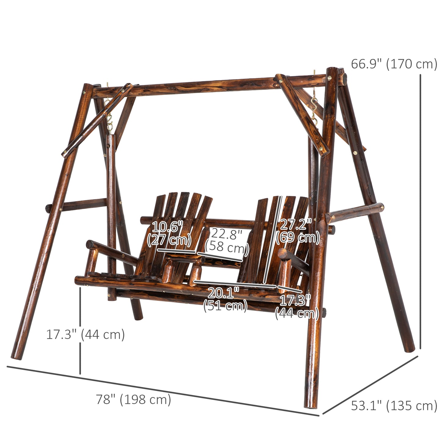 Wooden 2-Seat A-Frame Porch Swing Rustic Patio Bench Outdoor Furniture w/ Table