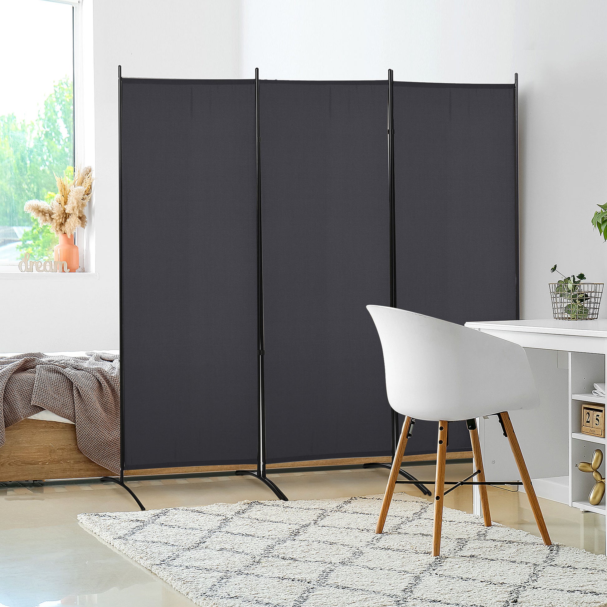 6' 3 Panel Room Divider, Double Hinged Folding Wall Divider, Indoor Privacy Screen for Home Office, Charcoal Grey