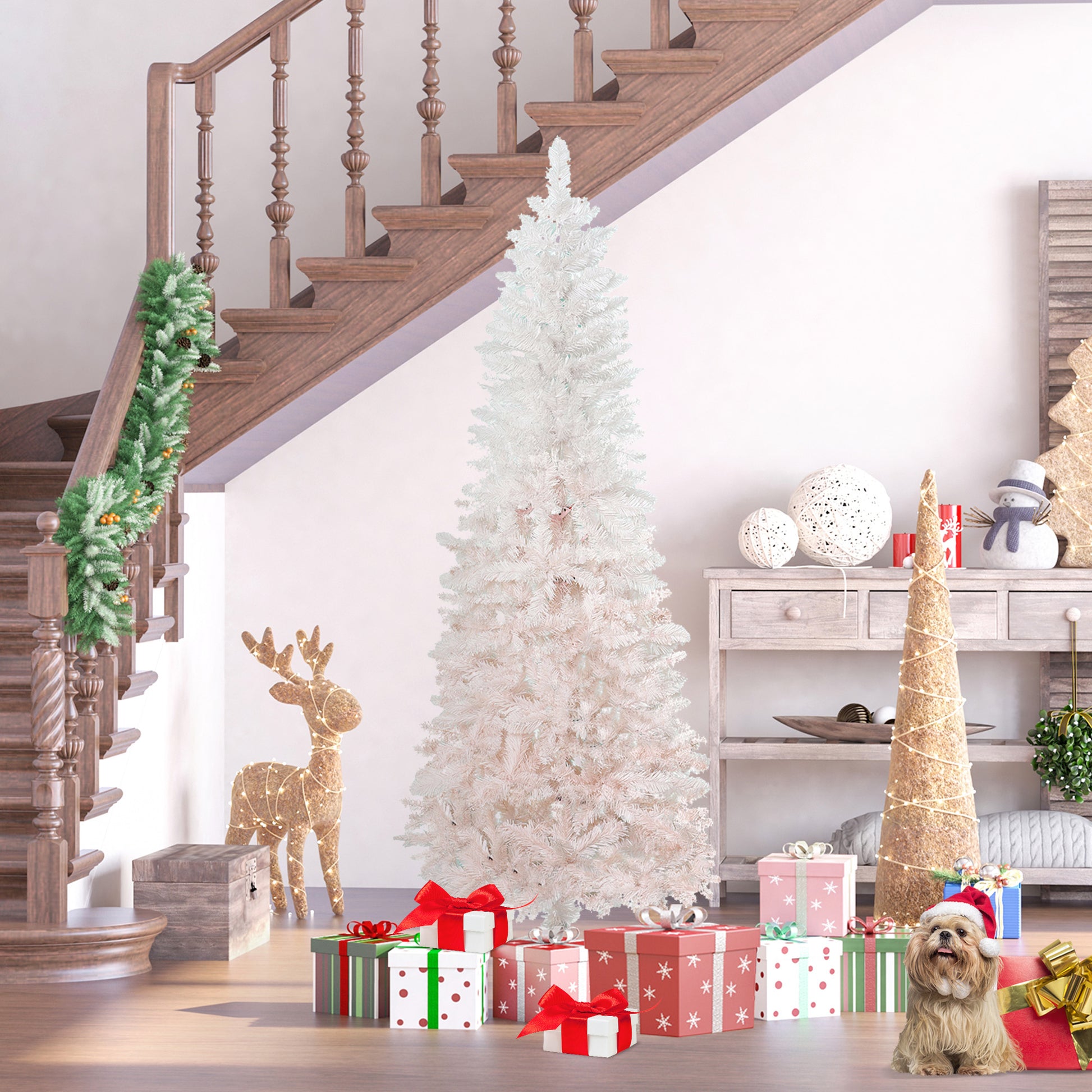 5ft Pencil Artificial Christmas Tree with Pine Realistic Branches, Auto Open, Pink and White
