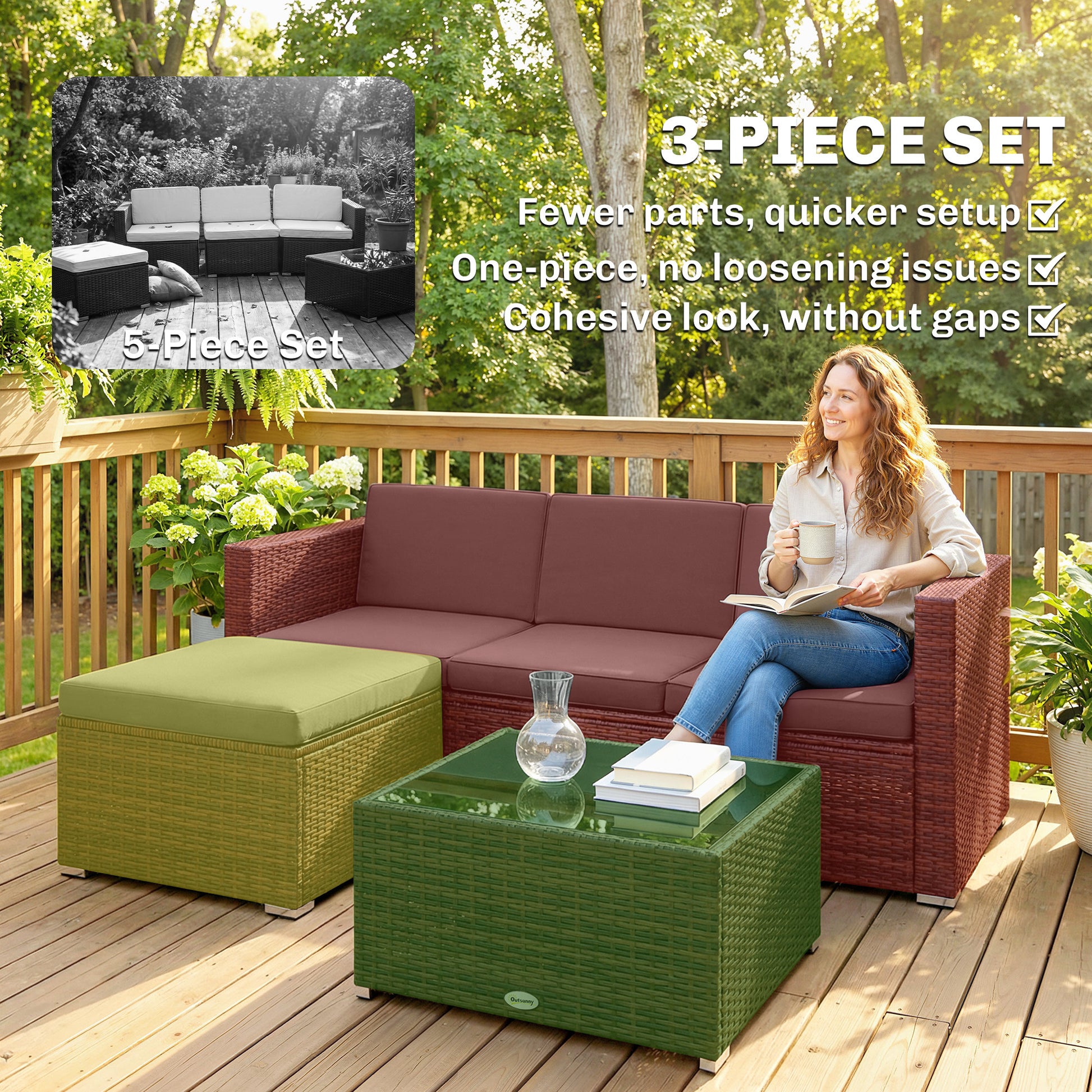 3 Pieces Patio Furniture Set with Cushions, Outdoor PE Rattan Wicker Conversation Corner Sofa Set, Dark Grey