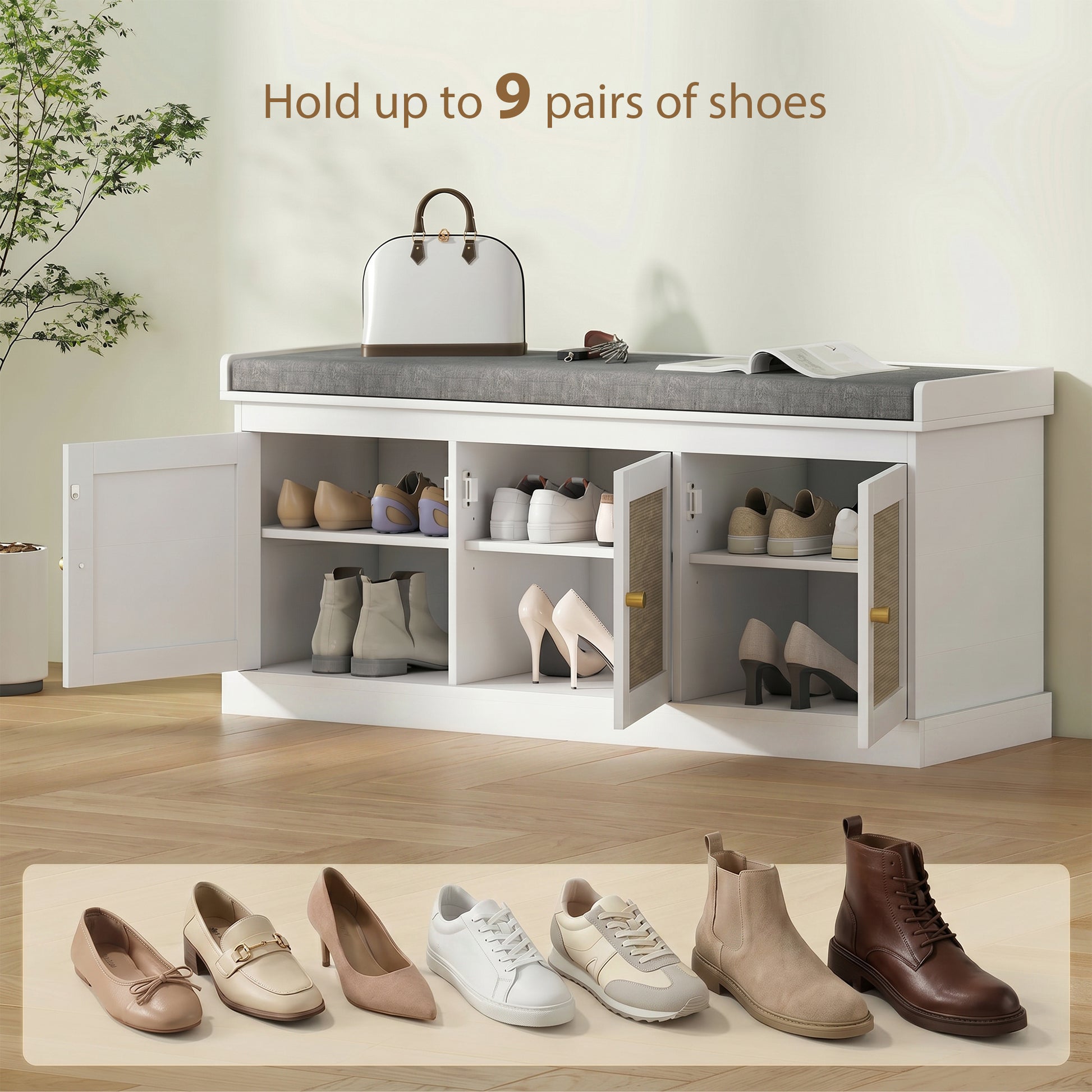 Shoe Storage Bench with Woven Rattan Doors, Shoe Bench with Cushion, Adjustable Shelves, Entryway Bench, White