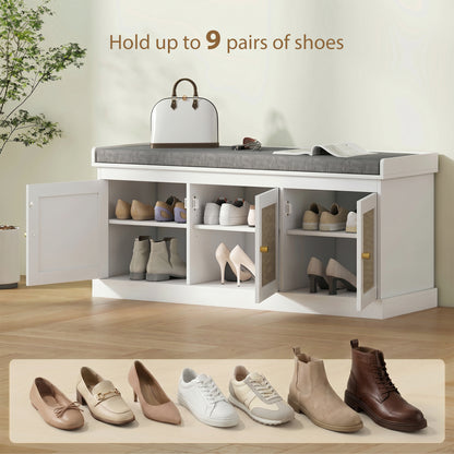 Shoe Storage Bench with Woven Rattan Doors, Shoe Bench with Cushion, Adjustable Shelves, Entryway Bench, White