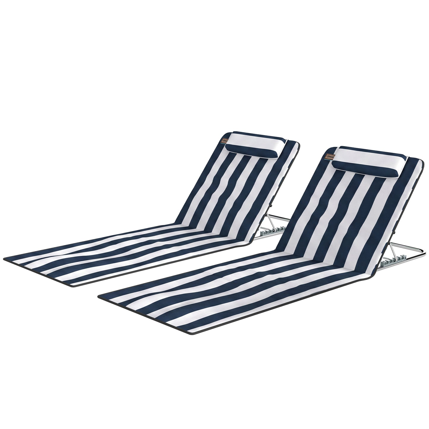 2 Pieces Beach Lounge Chair, Outdoor Folding Chaise Lounge Set w/ Pillow for Sunbath, Snap, Blue and White