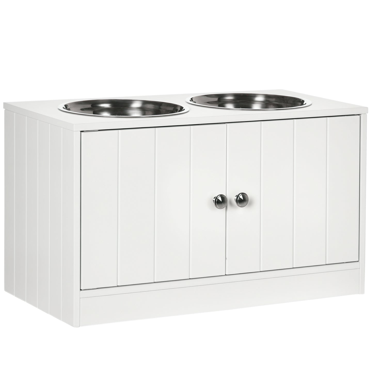 Elevated Dog Bowls for Large Dogs Pet Feeding Station with Stand, Storage, 2 Stainless Steel Food and Water Bowls, White, 23.6" x 11.8" x 14"
