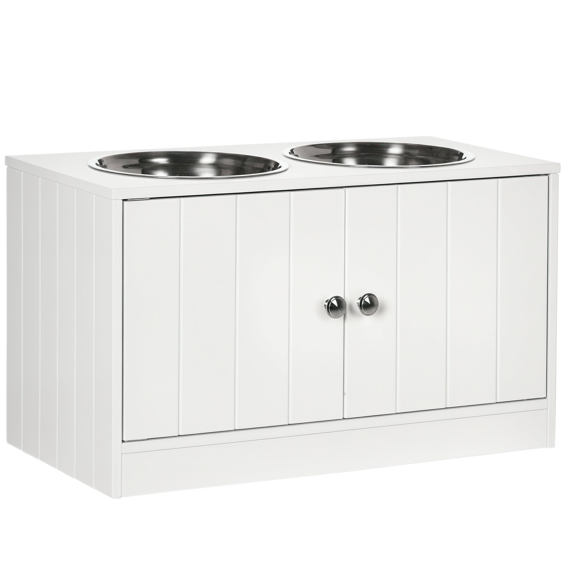 Elevated Dog Bowls for Large Dogs Pet Feeding Station with Stand, Storage, 2 Stainless Steel Food and Water Bowls, White, 23.6" x 11.8" x 14"