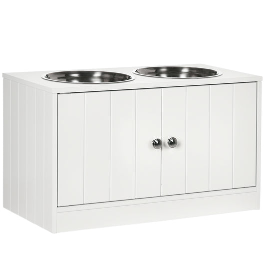 Elevated Dog Bowls for Large Dogs Pet Feeding Station with Stand, Storage, 2 Stainless Steel Food and Water Bowls, White, 23.6" x 11.8" x 14"