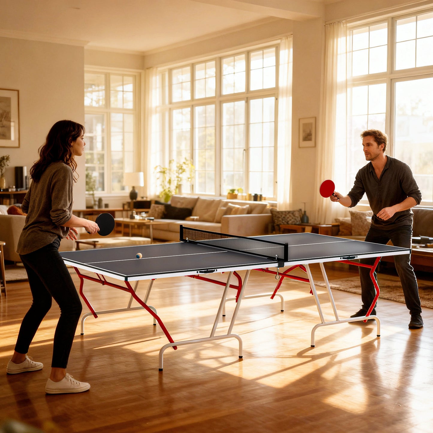 Soozier 9' x 5' Full Size Table Tennis Table, Folding Ping Pong Table with Paddles and Balls, Dark Grey