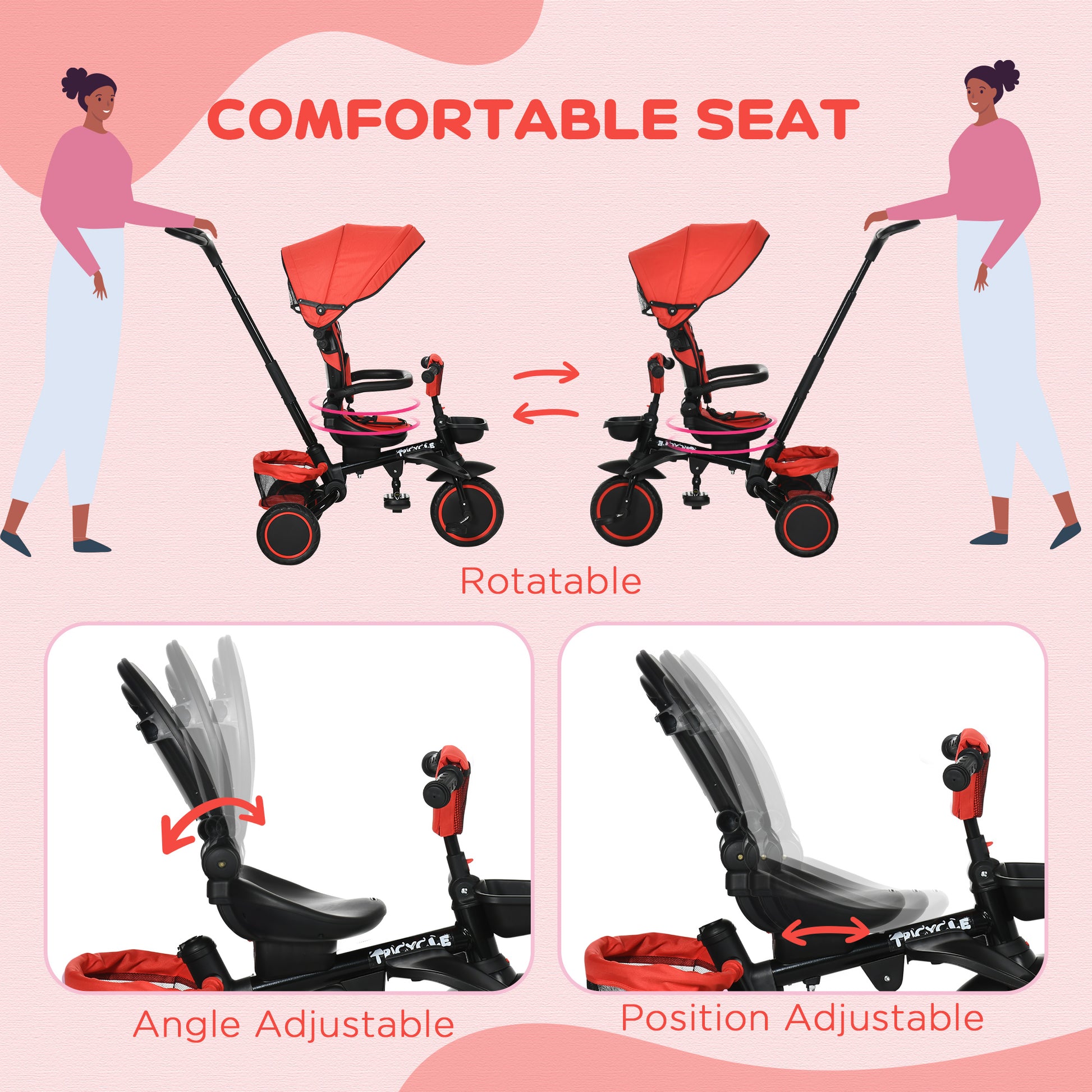 Aosom Tricycle for Toddler 6-in-1 Kids Trike, Foldable Converts Stroller to Baby Push Bike, Adjustable Backrest with Detachable Guardrail & Handle, Brake for 1-4 Years Old, Red