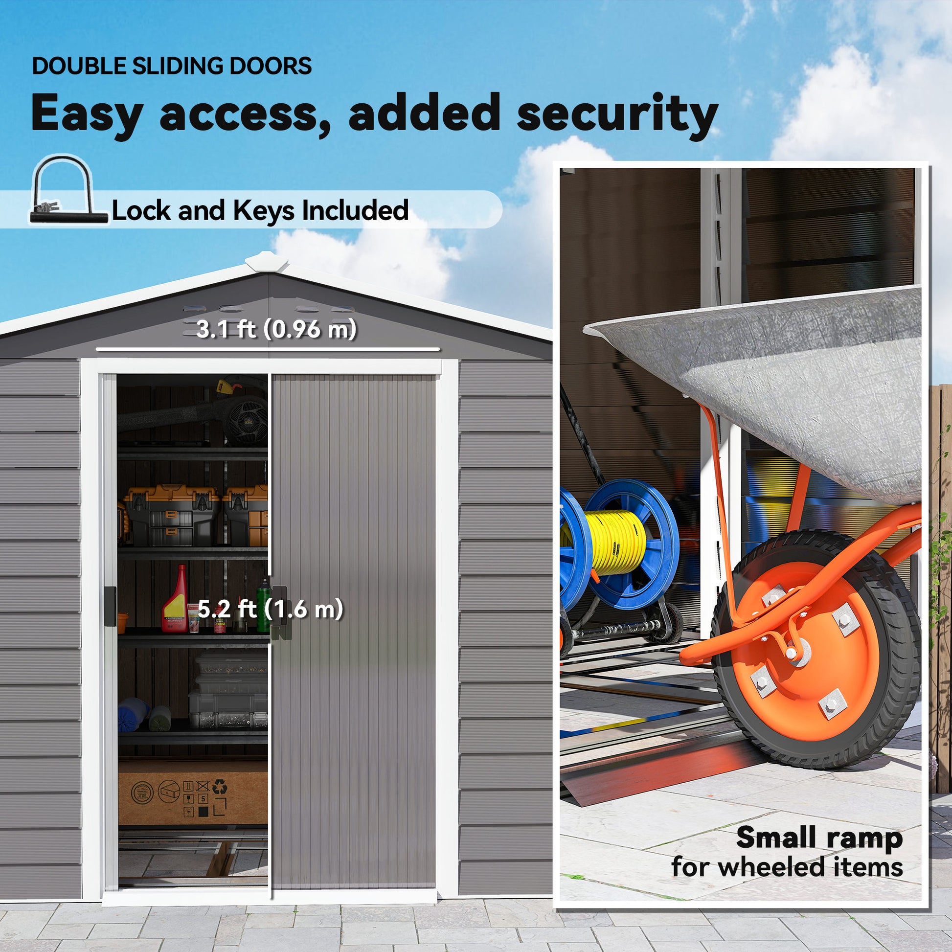8' x 7' Outdoor Storage Shed, Easy to Assemble, Upgraded Galvanized Metal Garden Shed with Lockable Doors, Floor Frame and Gloves for Backyard, Lawn, Patio, Light Grey