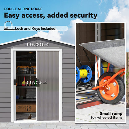 8' x 7' Outdoor Storage Shed, Easy to Assemble, Upgraded Galvanized Metal Garden Shed with Lockable Doors, Floor Frame and Gloves for Backyard, Lawn, Patio, Light Grey