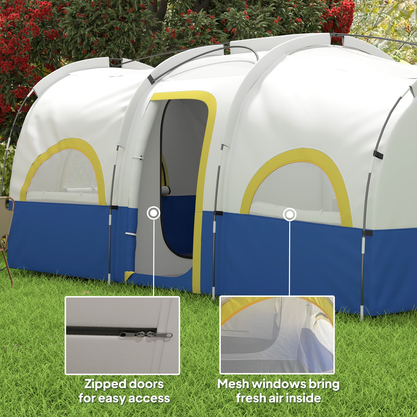 4-6 Person Camping Tent, 3 Room Cabin Tent, 3000mm Waterproof and UPF30+ with Sewn in Groundsheet and Carry Bag, Blue
