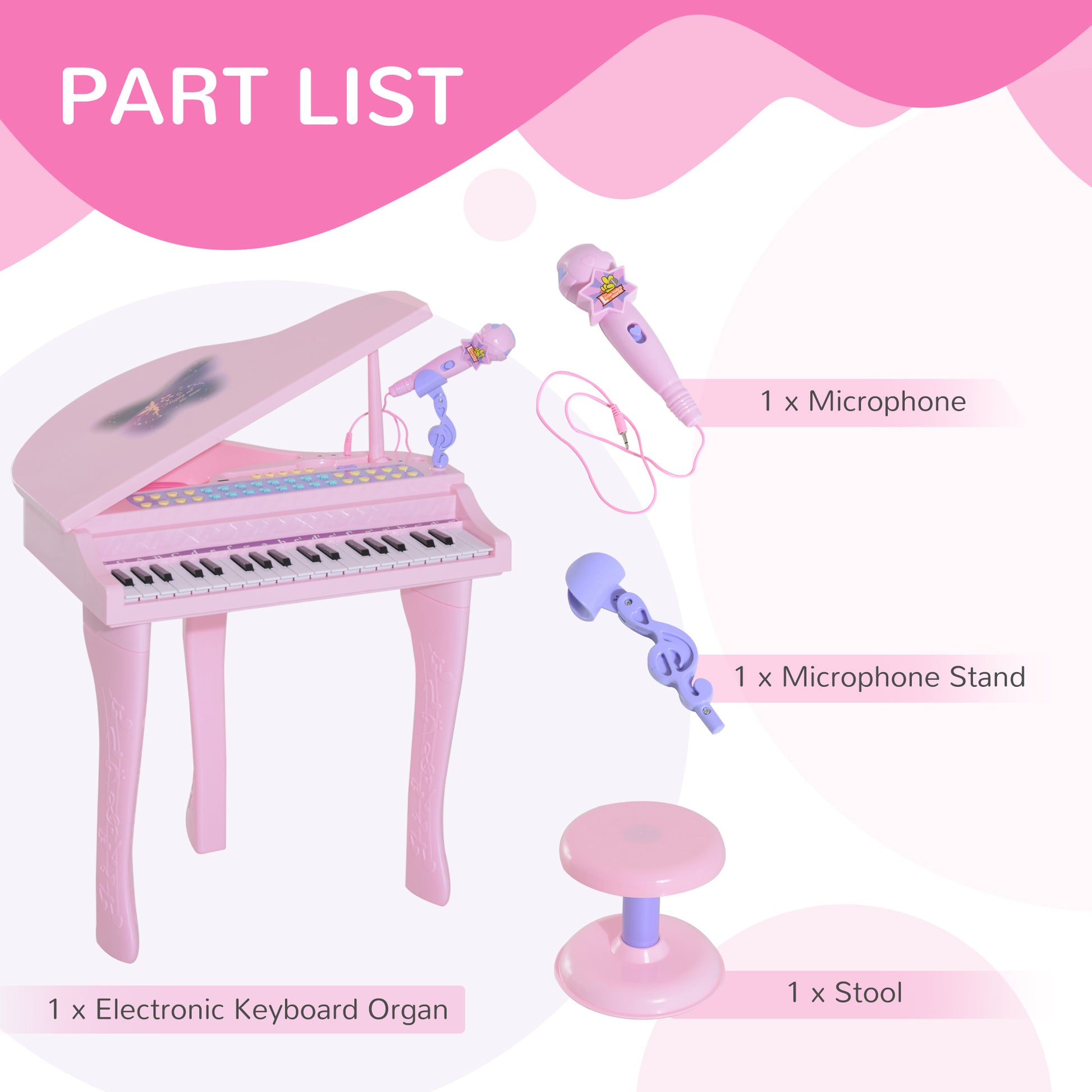 Qaba Mini Electronic Musical Piano 37 Key Keyboard Multifunction Kids Toy with Microphone Stool (Pink)