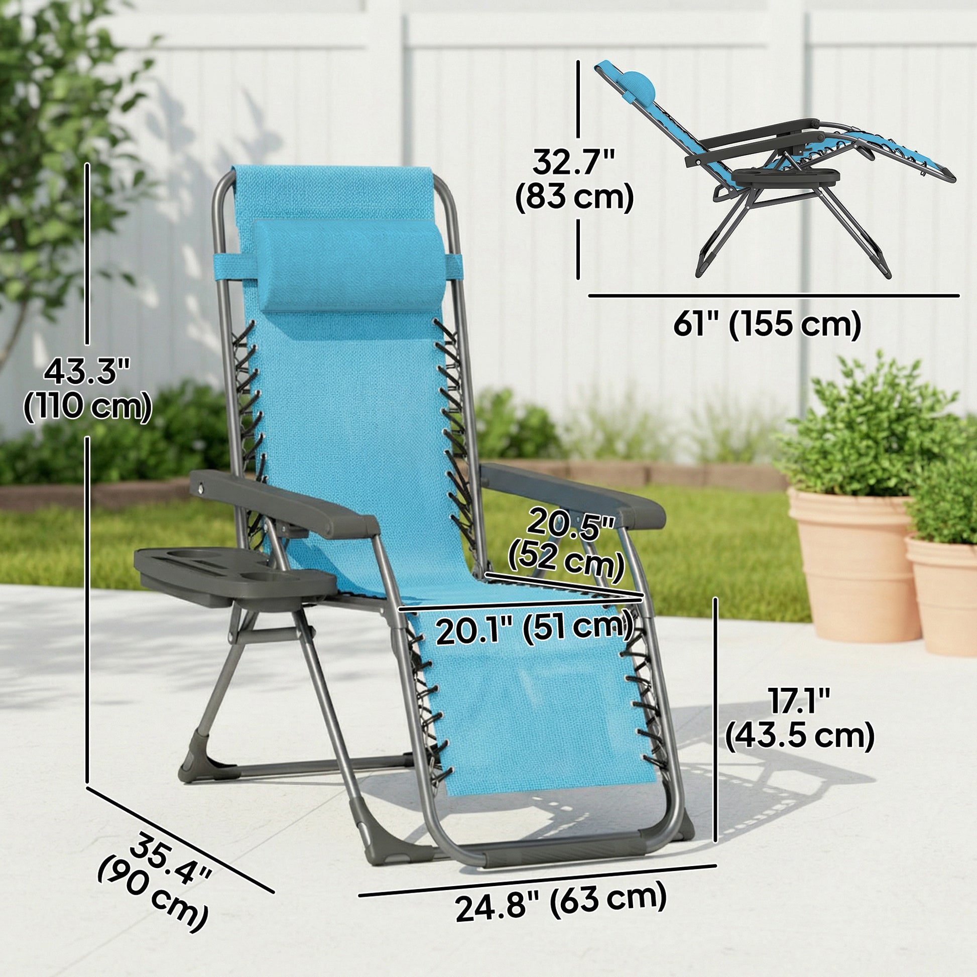 Zero Gravity Chair Set of 2, Folding Reclining Outdoor Lounge Chair with Cup Holder, Headrest, Sky Blue