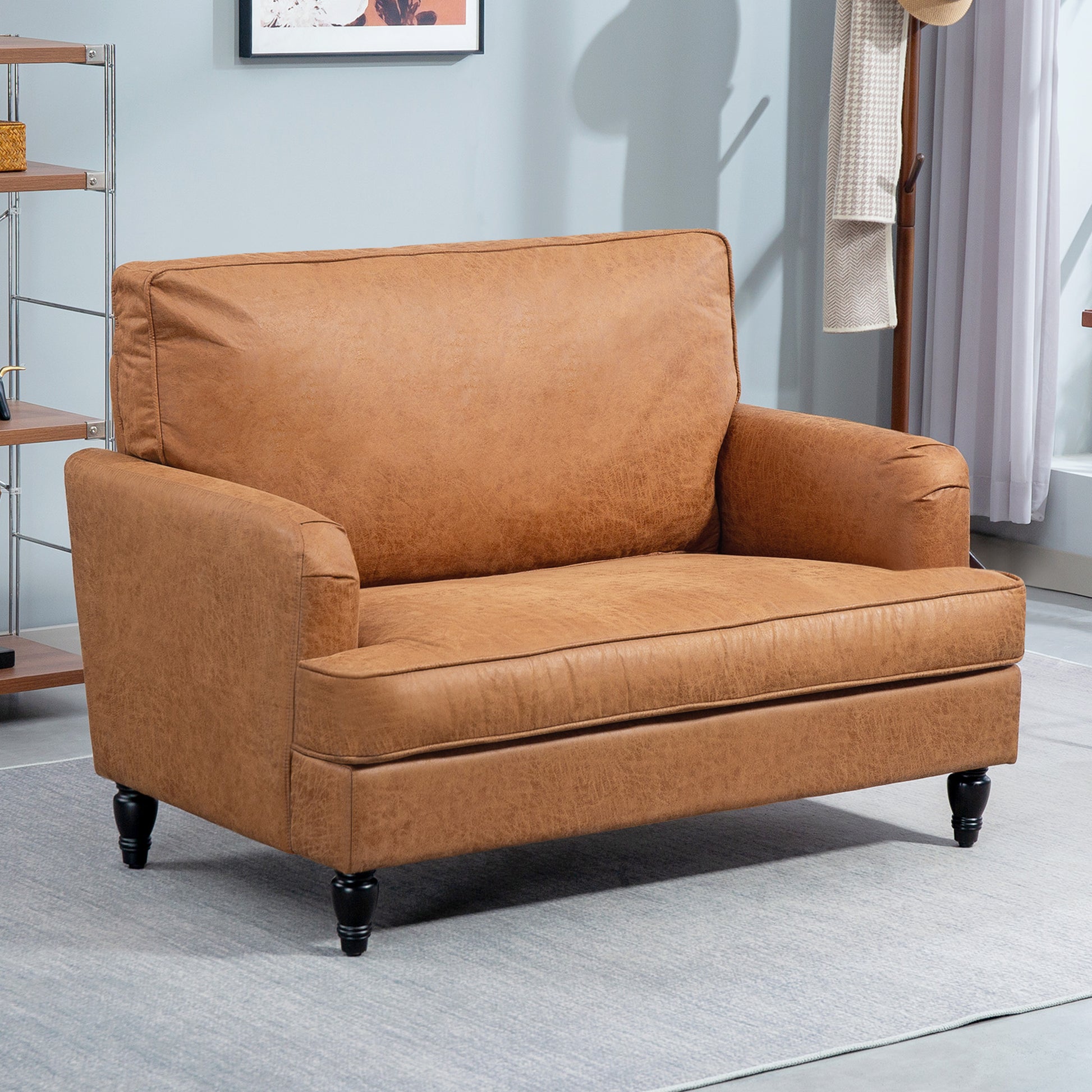 Modern Accent Chair, Leathaire Armchair with Turned Legs and Wide Seat, Comfy Chair for Living Room, Brown