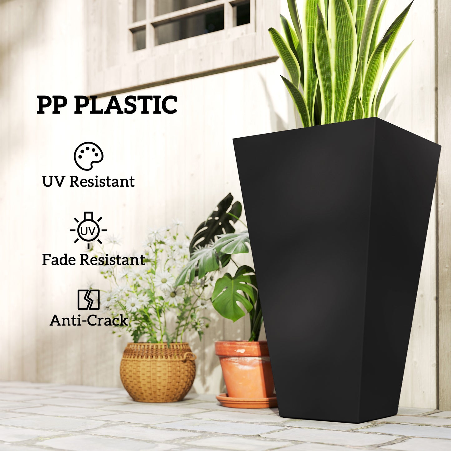 28" Tall Garden Plastic Planters, Outdoor and Indoor Flower Pots, Set of 3 for Entryway, Patio, Yard, Black