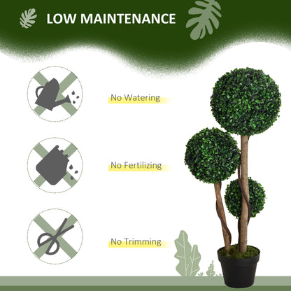 35 Inch Potted Fake Plant, Artificial Boxwood Topiary Tree, Triple Ball Tree for Indoor and Outdoor, Dark Green