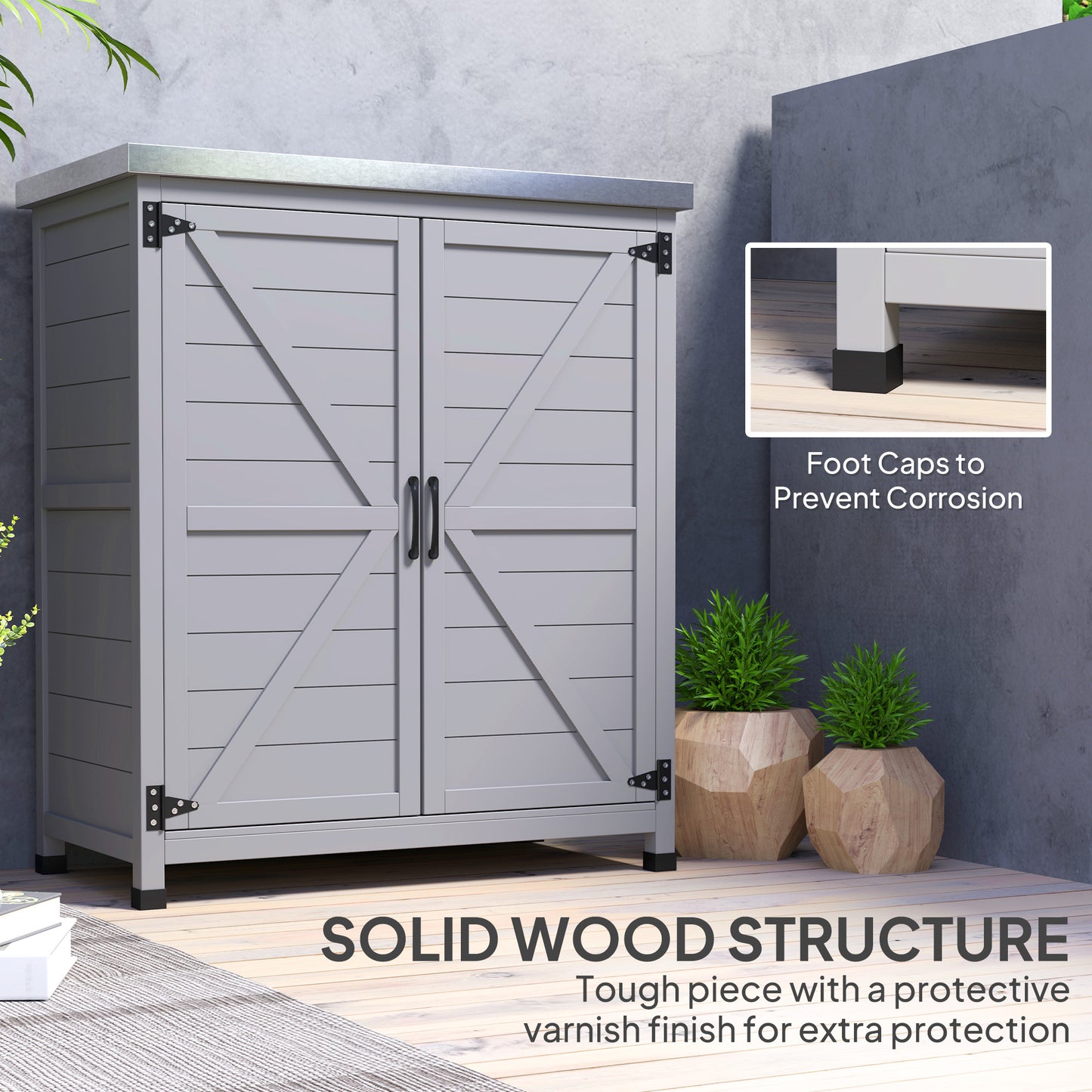 Garden Storage Cabinet, Outdoor Potting Bench Table with Metal Tabletop, Shelf and Double Doors, Grey