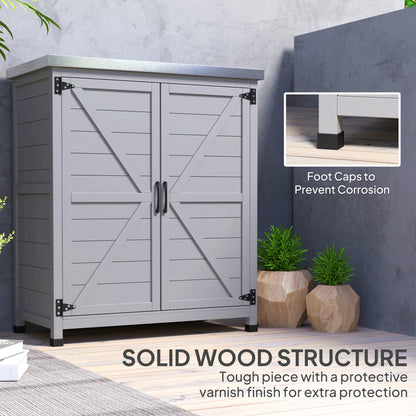 Garden Storage Cabinet, Outdoor Potting Bench Table with Metal Tabletop, Shelf and Double Doors, Grey