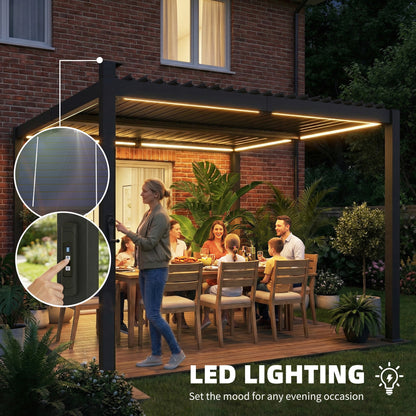 10 x 10 ft Louvered Pergola with Solar LED lights, Metal Roof, Outdoor Pergola Gazebo with Drainage Gutters, Black