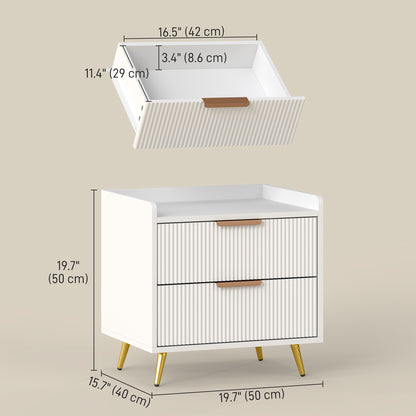 Bedside Table, Nightstand with 2 Drawers, Side End Table with Metal Legs for Bedroom, White