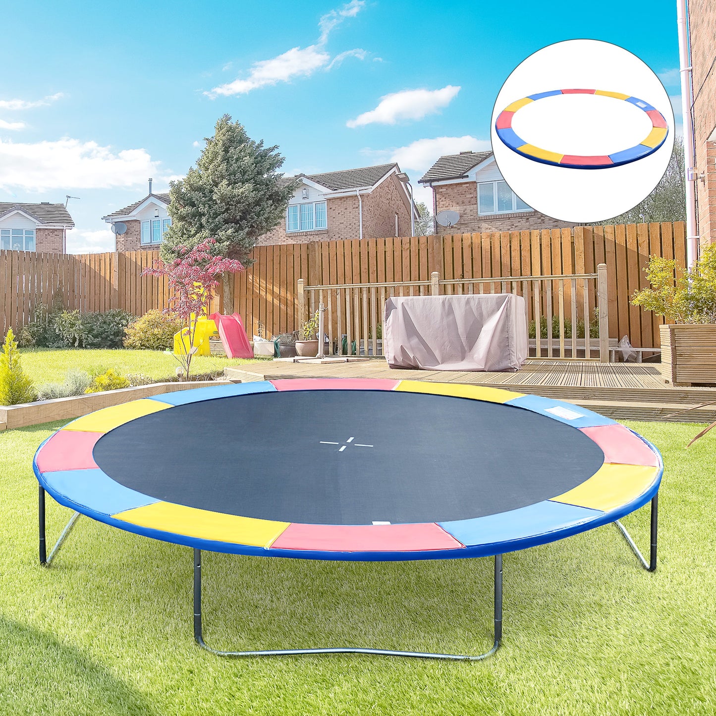 Soozier Trampoline Pad, 14FT Replacement Trampoline Safety Pad Mat Spring Cover, Water-Resistant, UV-Resistant, Tear-Resistant, No Holes for Pole, Colorful