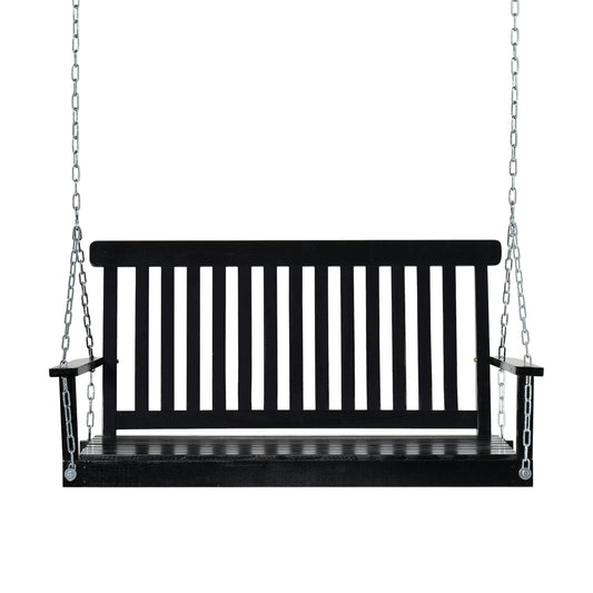 2-Seater Patio Swing Chair, Fir Wooden Porch Swing with Slatted Design, Hanging Chains for Outdoor, Garden, Black