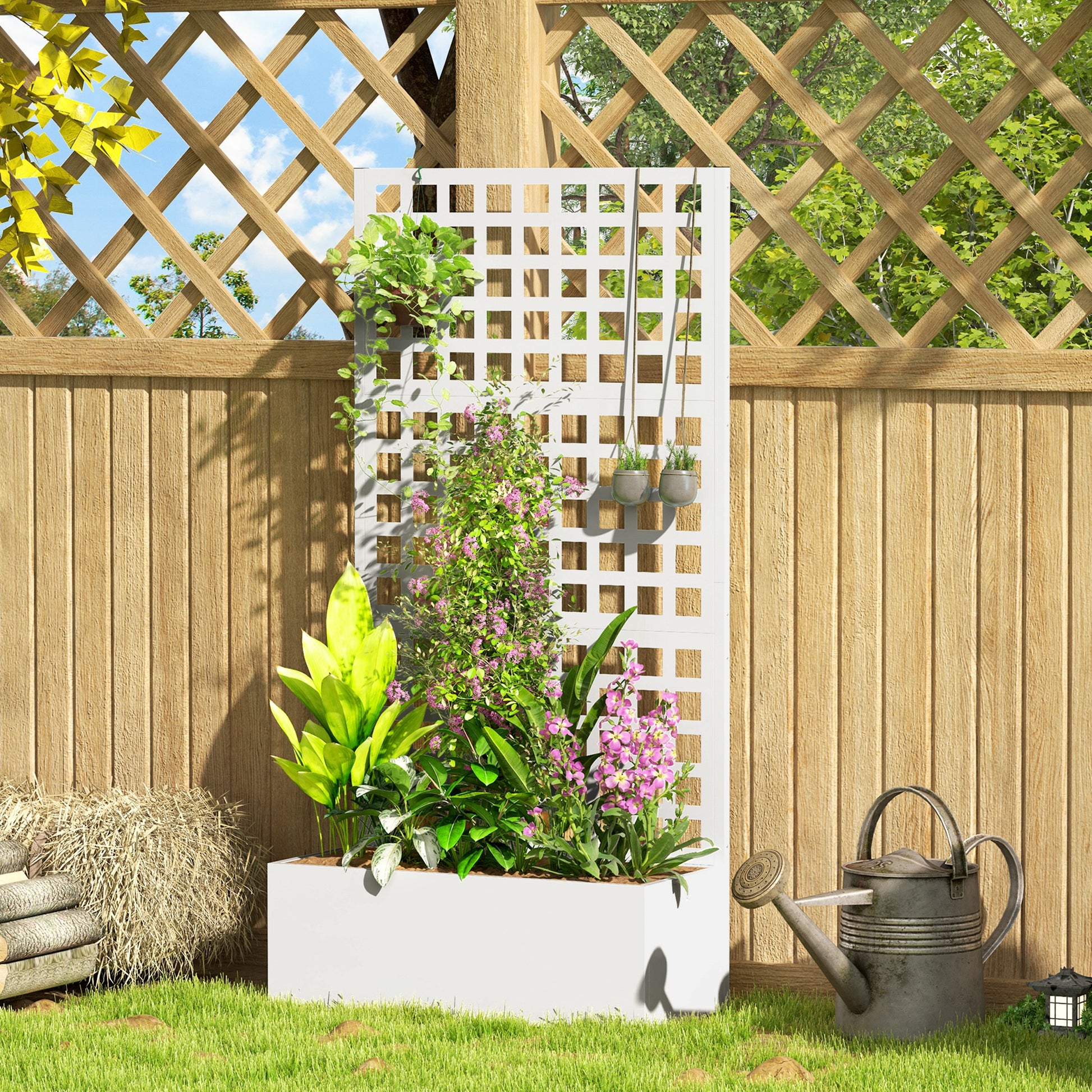 Galvanized Raised Garden Bed Planter Box with Trellis for Climbing Plants, Vegetable, Vines, 35" x 16" x 70", White