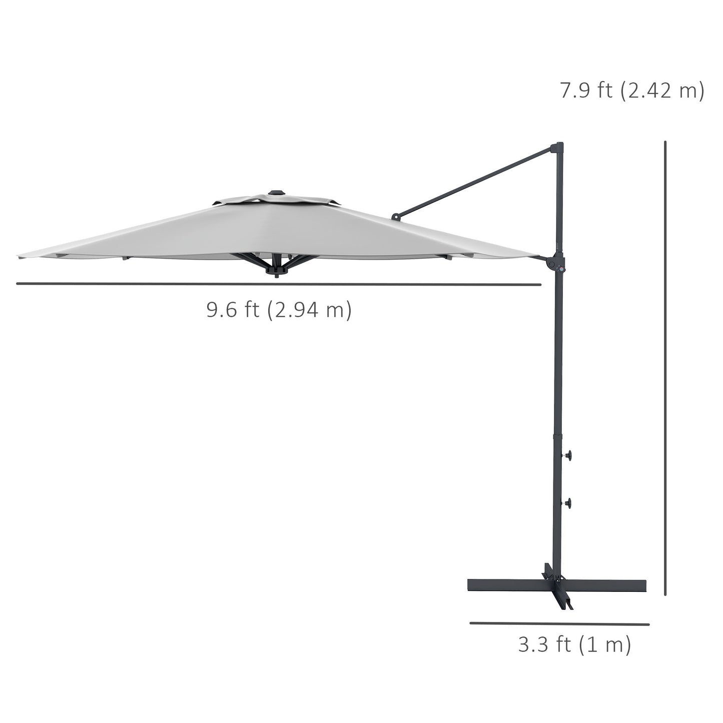 10 FT Cantilever Umbrella, Aluminum Hanging Offset Umbrella with 360°Rotation, Crank, Tilt, Cross Base, Grey