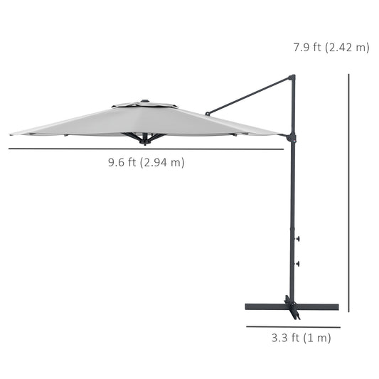 10 FT Cantilever Umbrella, Aluminum Hanging Offset Umbrella with 360°Rotation, Crank, Tilt, Cross Base, Grey