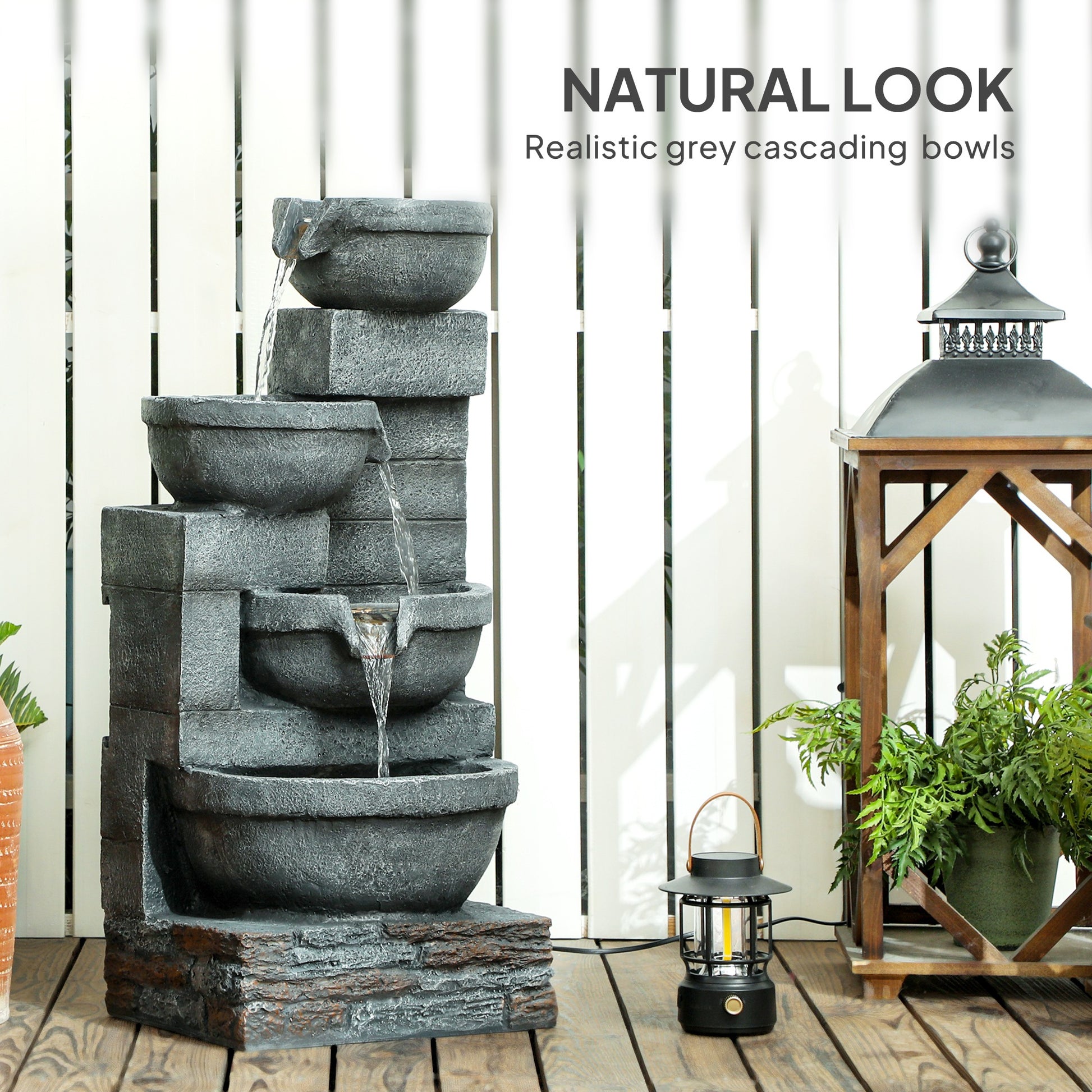 30" Tall Outdoor Water Fountain with LED Lights, 4-Tier Resin Cascading Bowls Garden Fountain Waterfall Fountain with Pump, Grey