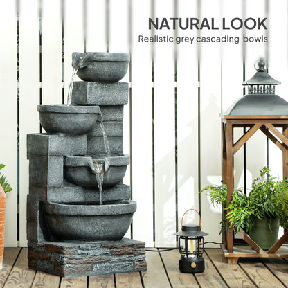 30" Tall Outdoor Water Fountain with LED Lights, 4-Tier Resin Cascading Bowls Garden Fountain Waterfall Fountain with Pump, Grey