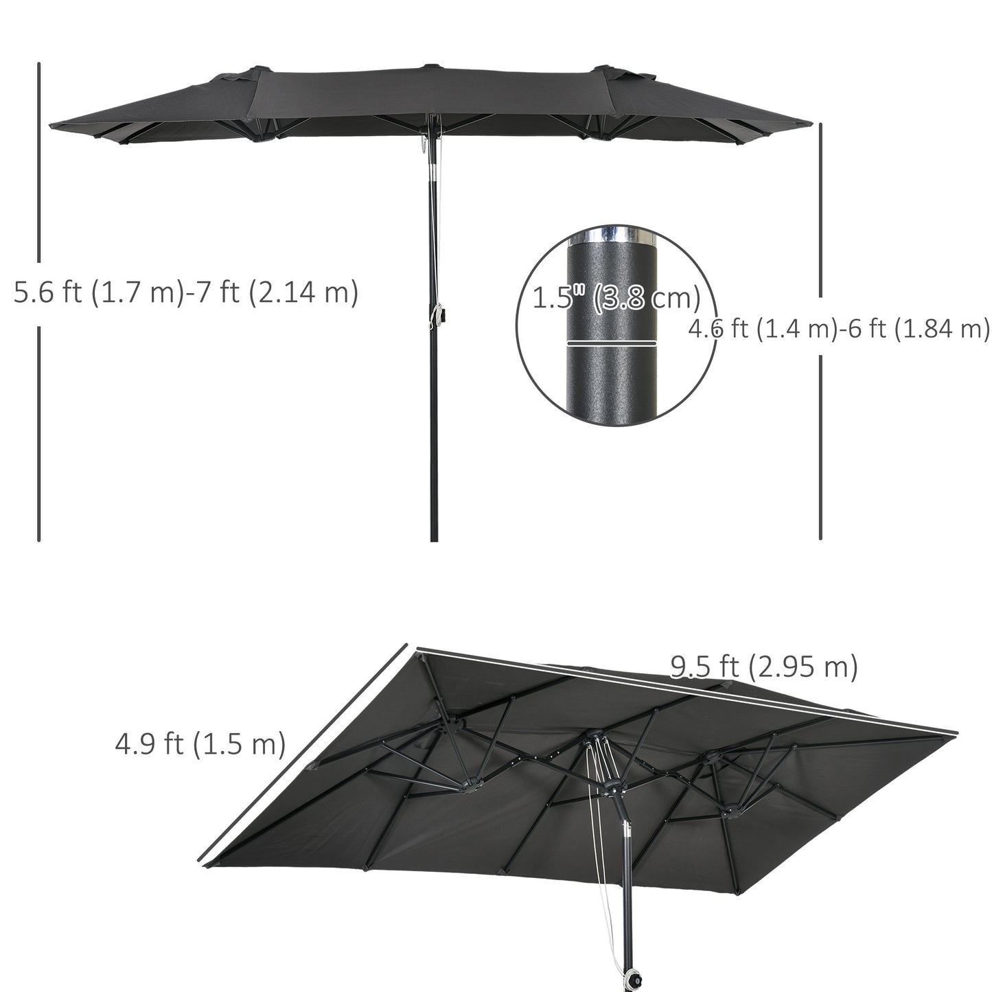 Double-Sided Patio Umbrella Parasol with Tilt, Adjustable Height, Vents and 12 Ribs, for Garden, Deck, Grey