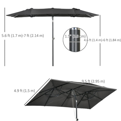 Double-Sided Patio Umbrella Parasol with Tilt, Adjustable Height, Vents and 12 Ribs, for Garden, Deck, Grey