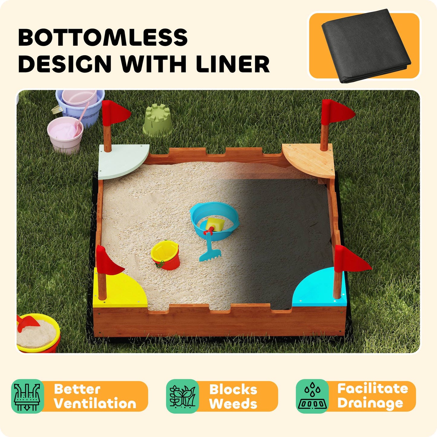 Qaba Kids Wooden Sandbox with Flags, 4 Colorful Built-in Corner Seating, Ground Liner, Gift for Ages 3-7, Wooden Brown
