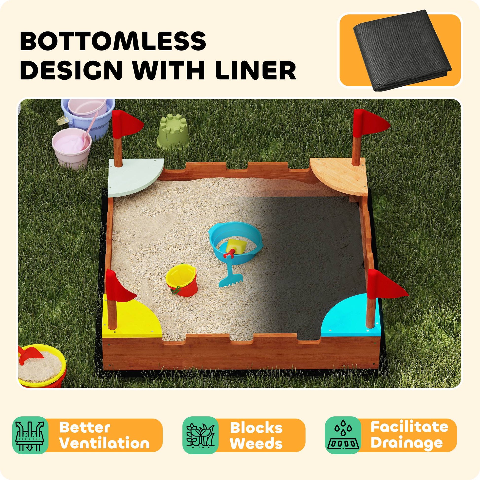 Qaba Kids Wooden Sandbox with Flags, 4 Colorful Built-in Corner Seating, Ground Liner, Gift for Ages 3-7, Wooden Brown