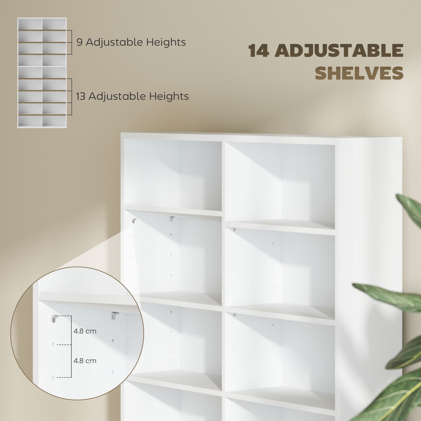 9-Tier DVD Shelf with 18 Compartments and 14 Adjustable Shelves, Holds 640 CDs, 360 DVDs or 430 Blu-rays, White