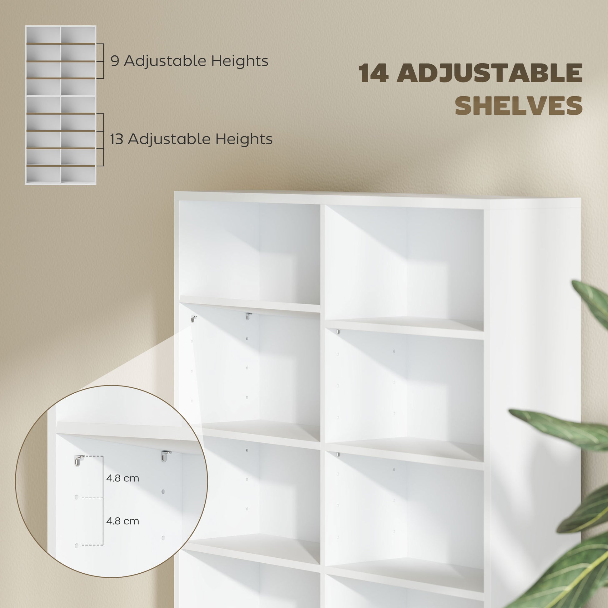 9-Tier DVD Shelf with 18 Compartments and 14 Adjustable Shelves, Holds 640 CDs, 360 DVDs or 430 Blu-rays, White