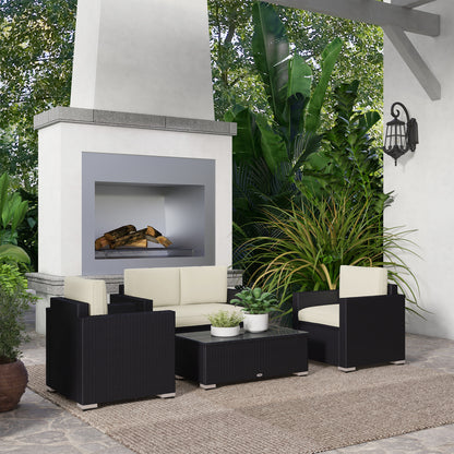 Outdoor Furniture with Table, Wicker Furniture with Loveseat and 2 Chair for Garden, Poolside, Cream