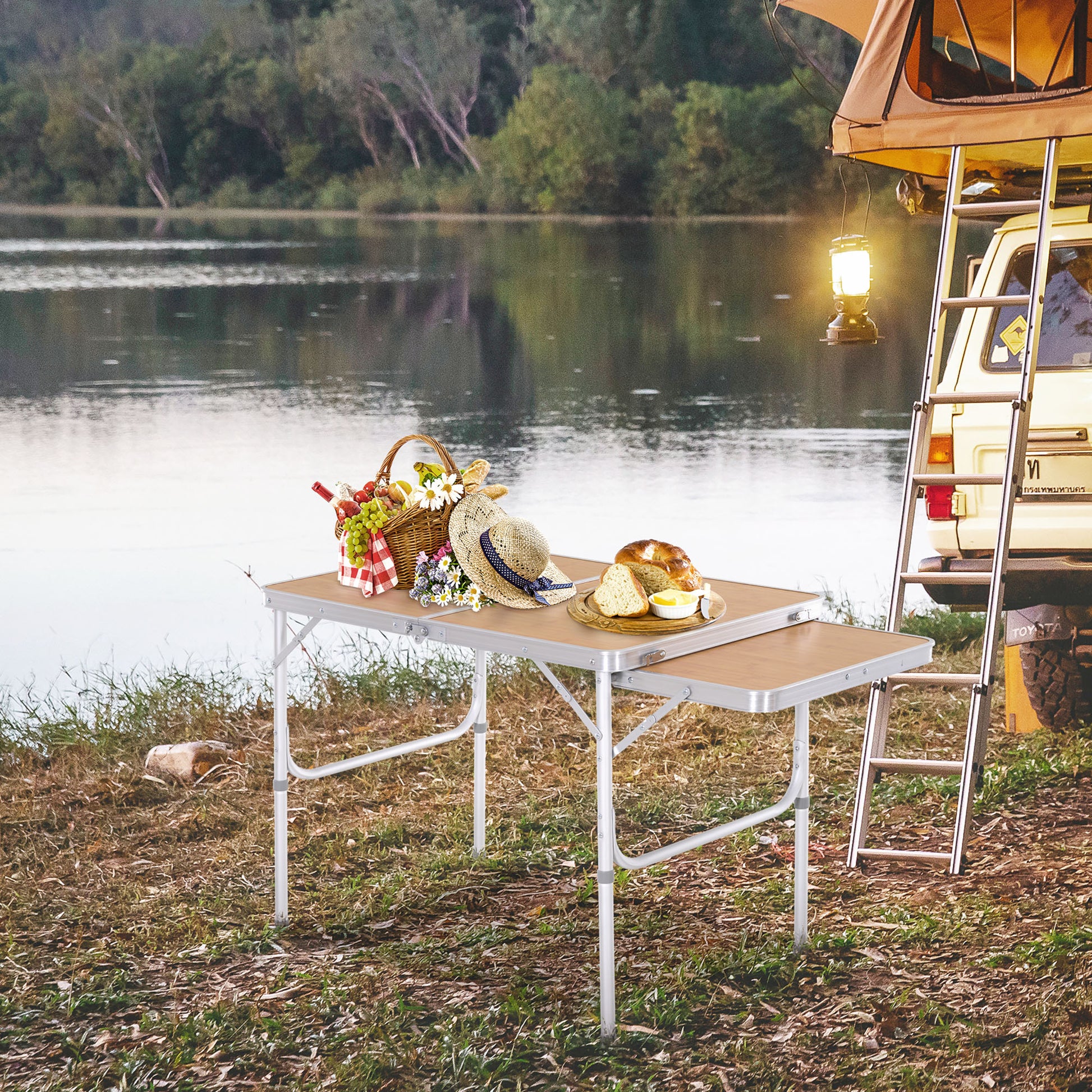 3ft Picnic Table with Slide Shelf Outdoor Portable Aluminum Folding Table 2 Adjustable Height