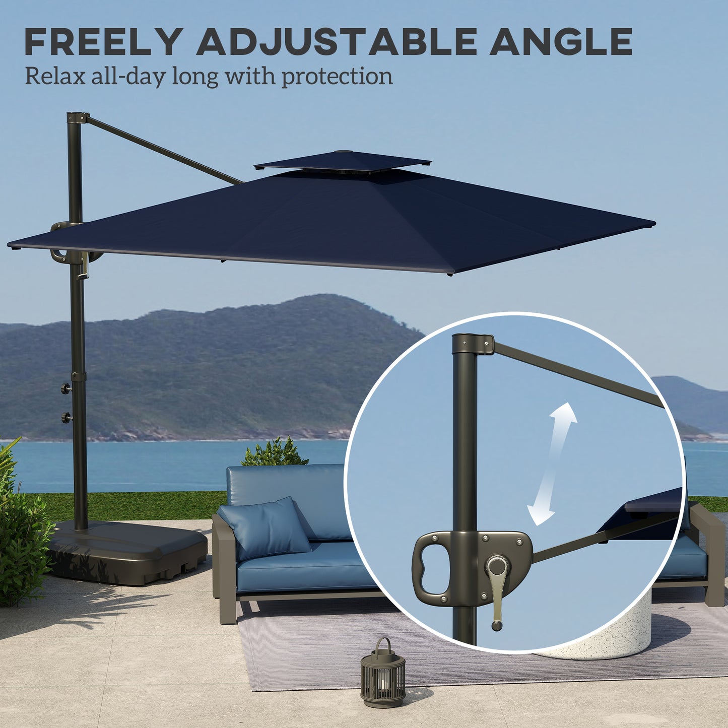Square Cantilever Patio Umbrella, Double Top Patio Hanging Offset Umbrella with Crank & Tilt, 8' x 9', Dark Blue