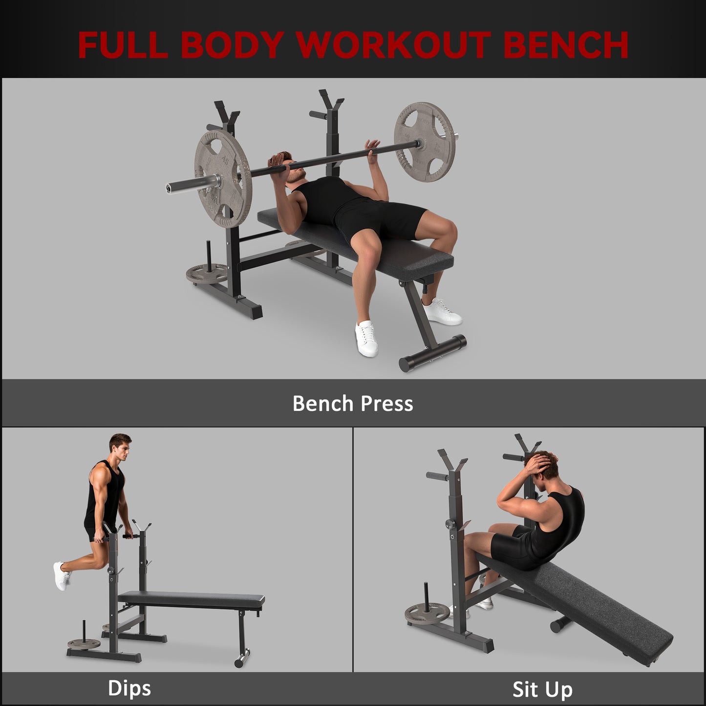Soozier Adjustable Weight Bench, Foldable Bench Press with Barbell Rack and Dip Station for Home Gym, Strength Training Multiuse Workout Bench, Black and Grey