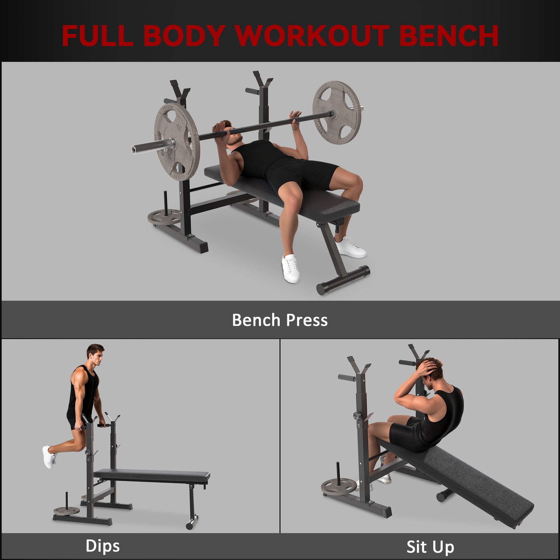 Soozier Adjustable Weight Bench, Foldable Bench Press with Barbell Rack and Dip Station for Home Gym, Strength Training Multiuse Workout Bench, Black and Grey