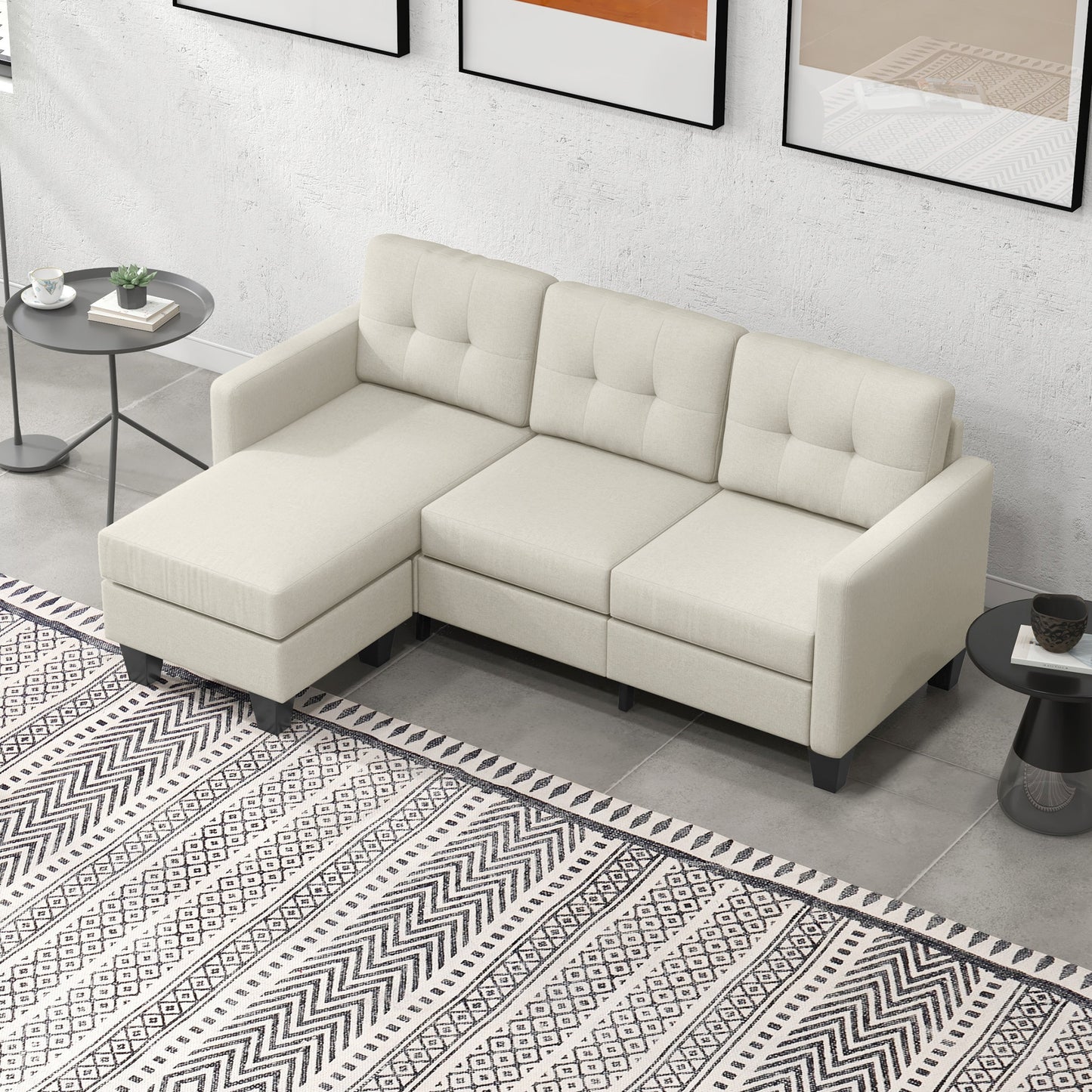 Small Corner Sofa, 3 Seater Sectional Couch with Ottoman, Corner Sofa with Thick Padded Cushion and Wood Legs, Beige