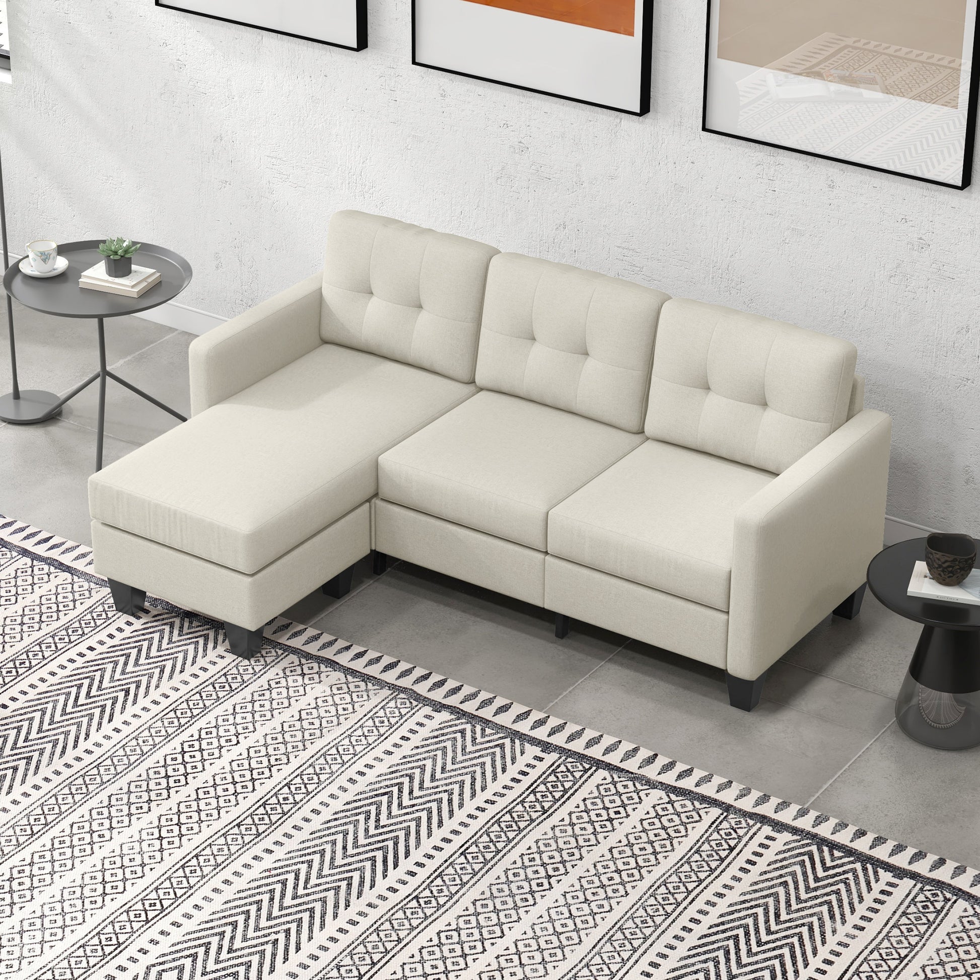 Small Corner Sofa, 3 Seater Sectional Couch with Ottoman, Corner Sofa with Thick Padded Cushion and Wood Legs, Beige