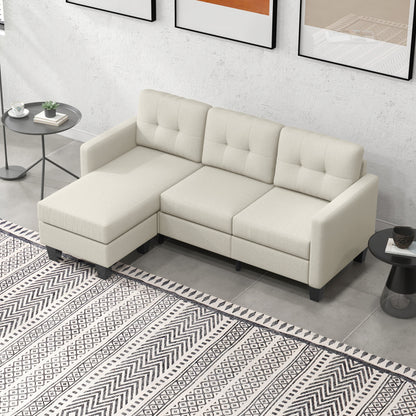 Small Corner Sofa, 3 Seater Sectional Couch with Ottoman, Corner Sofa with Thick Padded Cushion and Wood Legs, Beige