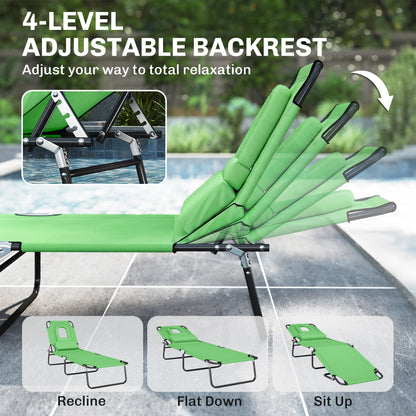 Folding Chaise Lounge Chair, Reclining Beach Tanning Chair with Face Hole, Pillow, 4-Position Adjustable Lay Flat Sun Lounger, Steel Frame for Outdoor Patio Pool, Green