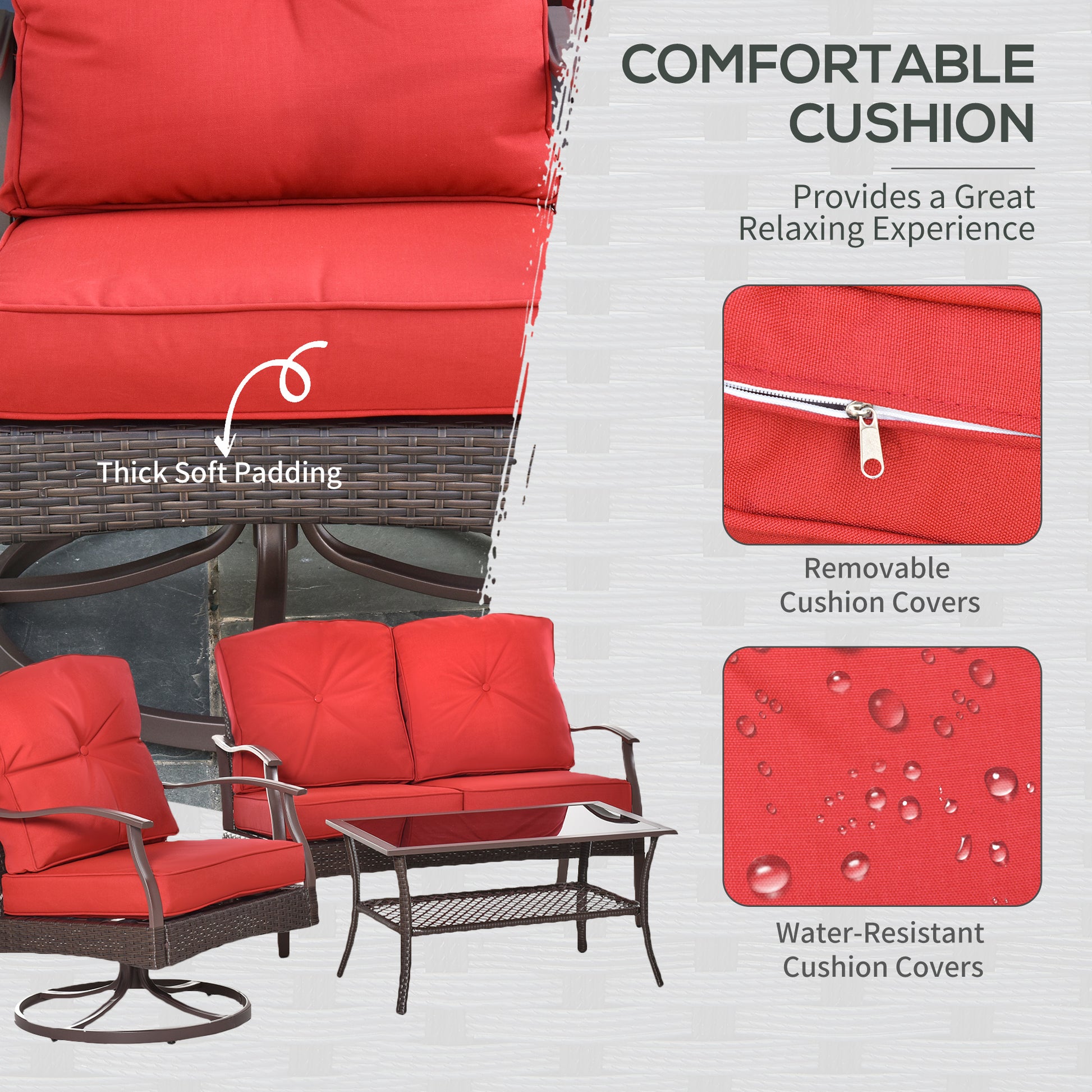 4 PCS Patio PE Rattan Wicker Chair Set Outdoor Conversation Furniture w/ Two Tier Tea Table & Cushions, Red