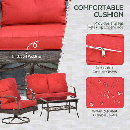 4 PCS Patio PE Rattan Wicker Chair Set Outdoor Conversation Furniture w/ Two Tier Tea Table & Cushions, Red