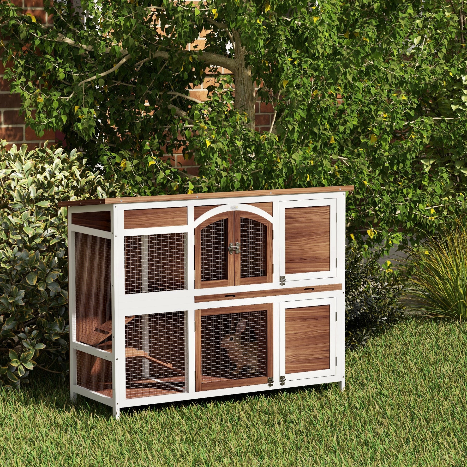 Two-Tier Wooden Rabbit Hutch with Openable Roof, Slide-Out Tray